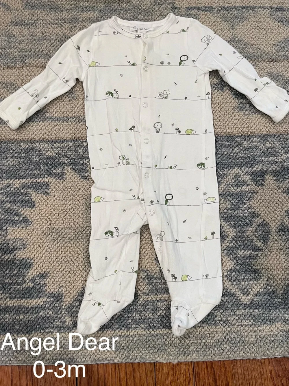 Angel Dear White One-Piece Footed Sleeper with Green and Gray Nature Print